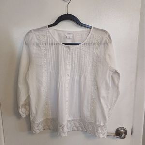 Sigrid Olsen white 3/4 sleeve, lace detailed cotton top, size XS